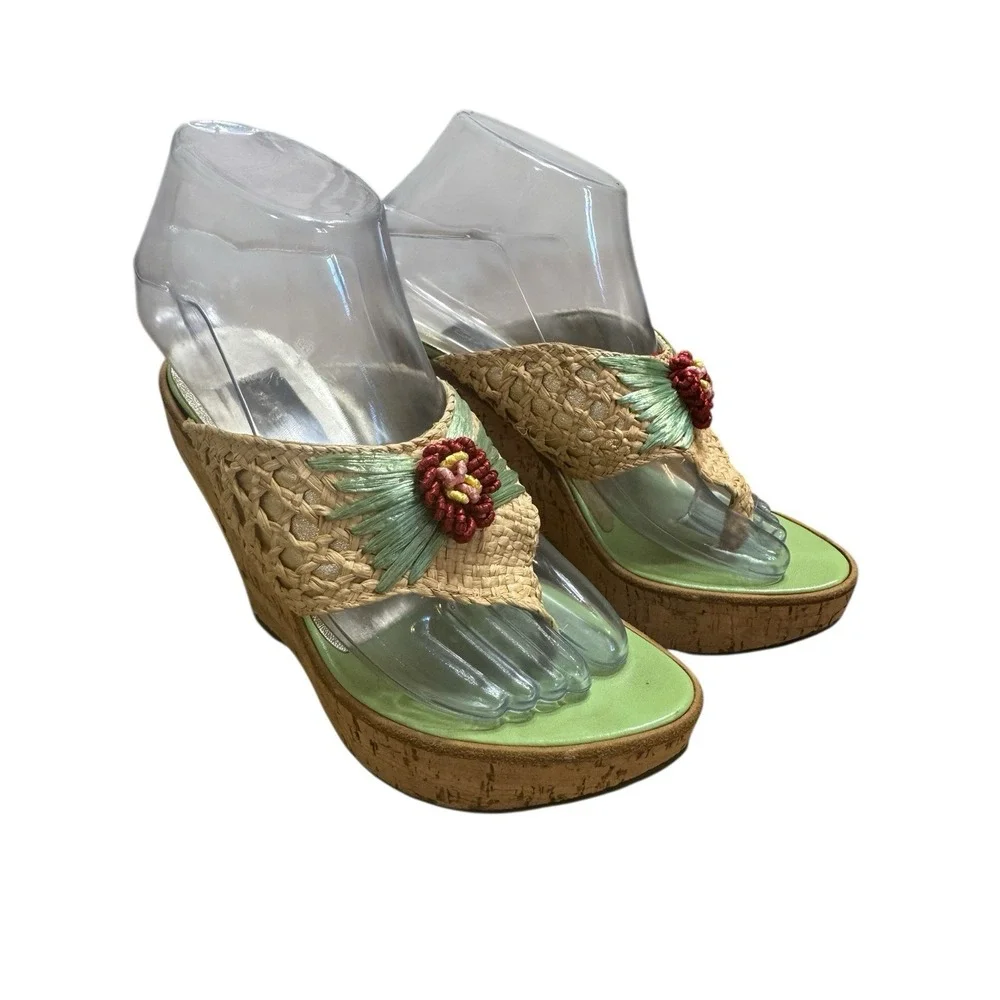 Giacinto🤑Vintage Italian💚Boho Floral Wedges Woven Straw & Cork Platform Sz36-6